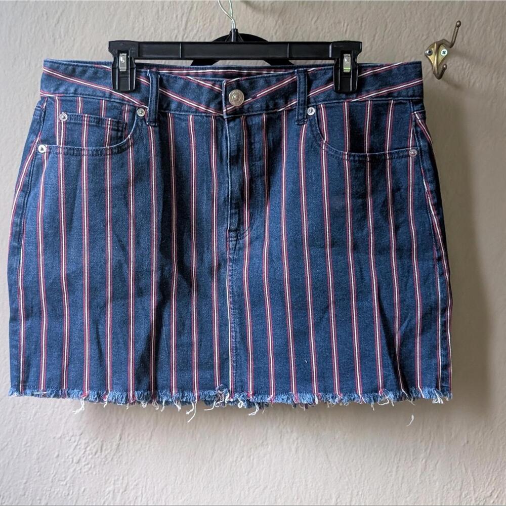 American Eagle Outfitters Dark Blue Denim Mini Skirt with Pink Stripe